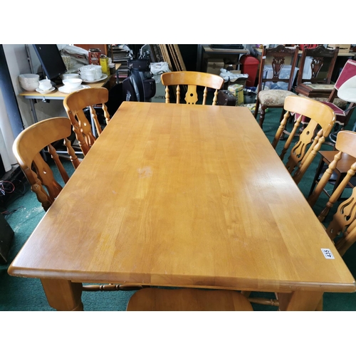 435 - Solid pine dining table and matching set of 6 chairs in good clean condition, length of 151cm by 92c... 