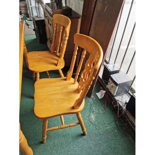 435 - Solid pine dining table and matching set of 6 chairs in good clean condition, length of 151cm by 92c... 