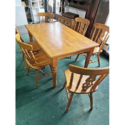 435 - Solid pine dining table and matching set of 6 chairs in good clean condition, length of 151cm by 92c... 