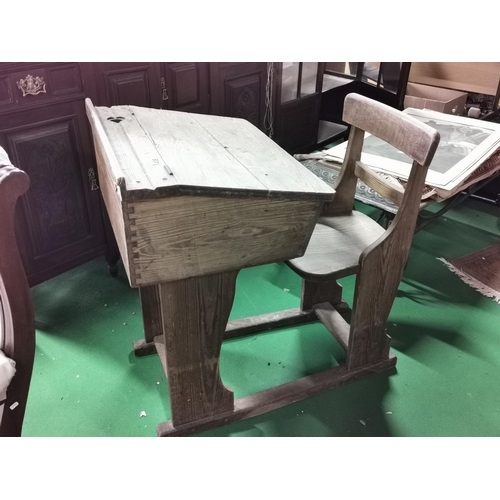 438 - Vintage solid Elm school desk and chair height 86cm, length 87cm, width 61cm