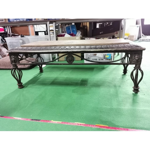 441 - Vintage ornate wrought iron based table with solid oak inset carved with poems on trees 121cm long, ... 