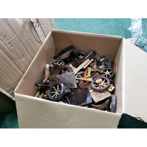 468 - Very large quantity various wooden model cars and motorcycles along with a box of parts most have bi... 