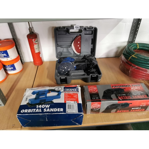 494 - Draper expert cased orbital sander and two other boxed sanders inc a detail sander