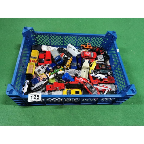 125 - Box full of assorted diecast cars in blue crate