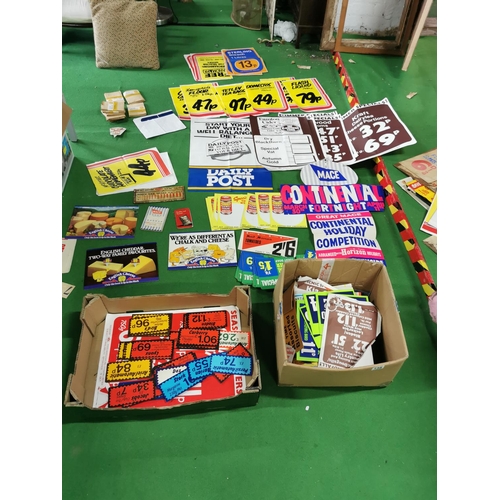 138 - Very large quantity of vintage shop advertising signs cleared from an old shop, in two boxes (2)