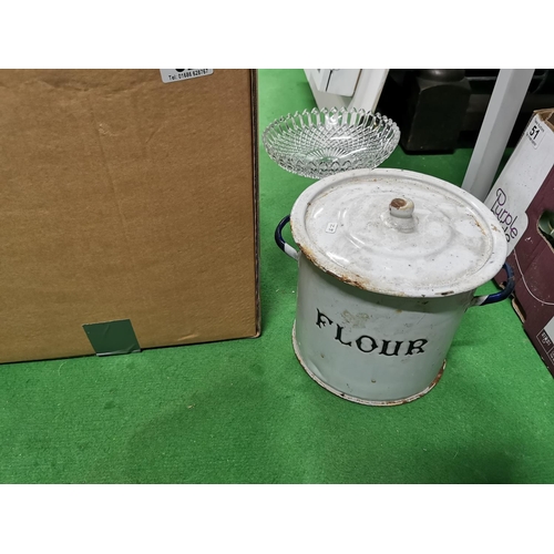 52 - Box of odds inc good enamel flour pot and Colough tea set etc