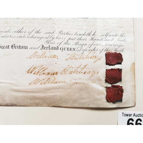 66 - Antique indenture legal document on parchment paper with interesting wax seals dated 1845