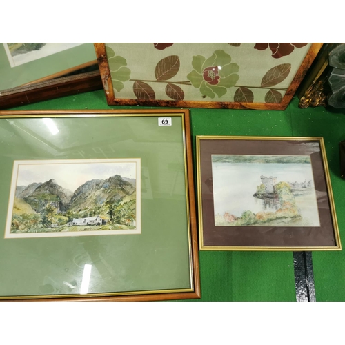 69 - Two framed water colours a good maple picture and a 19c mahogany mirror