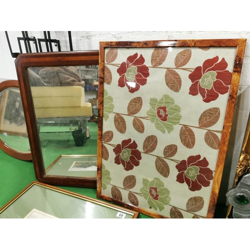 69 - Two framed water colours a good maple picture and a 19c mahogany mirror