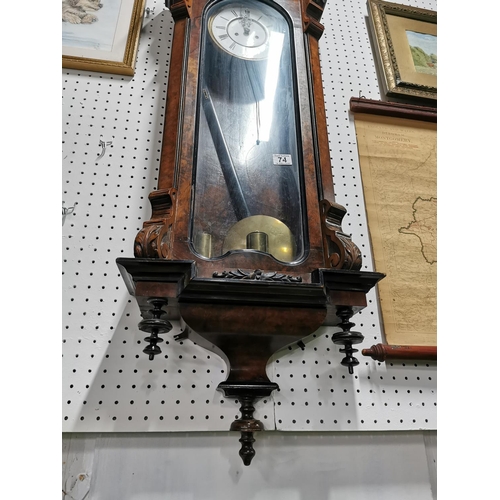 74 - Good antique burr walnut cased Vienna wall clock with enamel dial and subsidiary dial complete with ... 