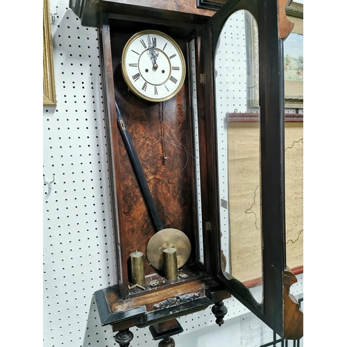 74 - Good antique burr walnut cased Vienna wall clock with enamel dial and subsidiary dial complete with ... 