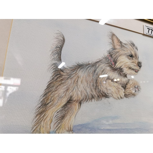 77 - Very well done pastel of a Yorkshire Terrier in a gilt frame signed Janie