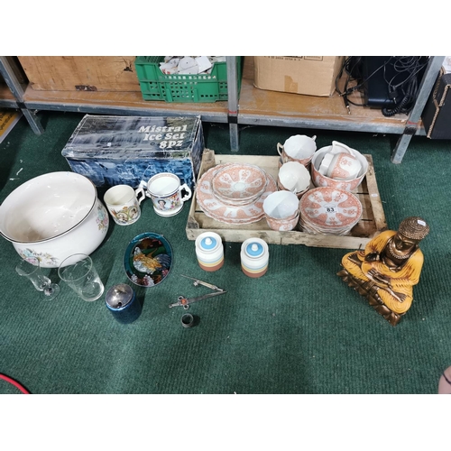 83 - Box of odds inc buddah figure two wade lidded pots and oriental tea service etc