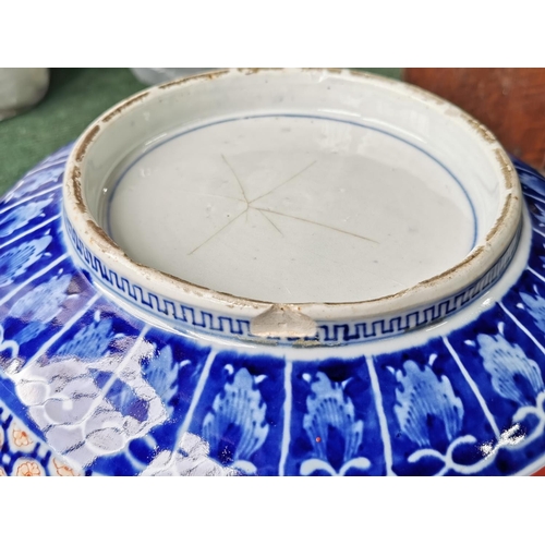 157 - Antique large hand painted Japanese scallop rimmed Imari fish bowl with a dragon to the center insid... 