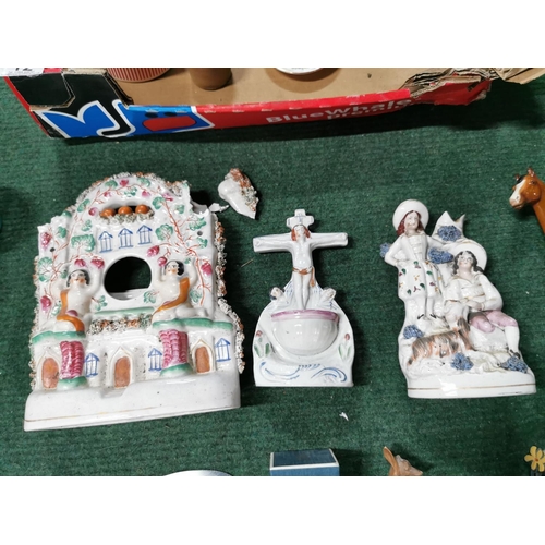 12 - Box of collectables inc three Staffordshire flat backs two A/F the holy water fount in good order, J... 