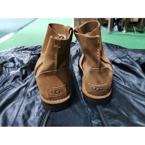 126 - Pair of Ugg boots size 6.5, Next leather jacket size 16 and a green Dash jacket size 16