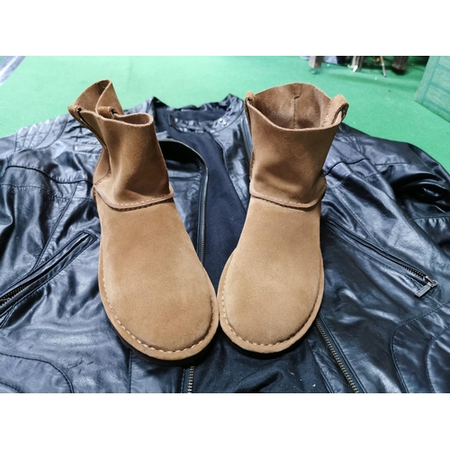 126 - Pair of Ugg boots size 6.5, Next leather jacket size 16 and a green Dash jacket size 16