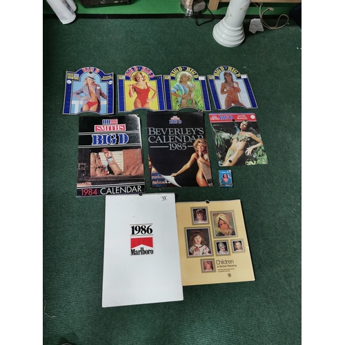 13 - Quantity of 1980's smiths big D calendars and advertising along with a pack of new playing cards Mar... 