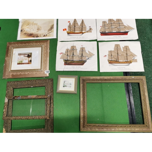 132 - Four lithographs by David Roberts, famous ship pictures and a quantity of frames