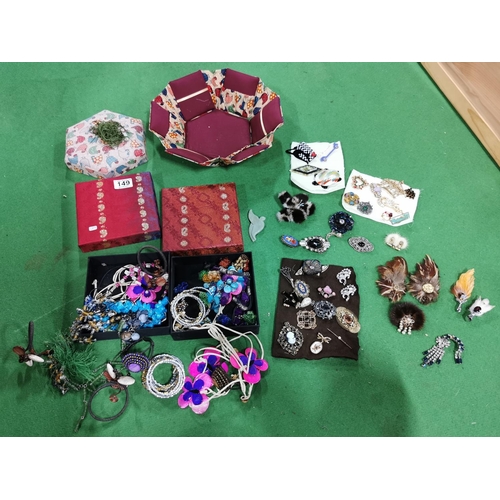 149 - Two boxes of costume jewellery and an expandable box full of costume brooches