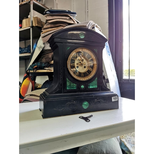 165 - Very large Victorian slate mantel clock with green malachite inlay and a visible escapement to the f... 