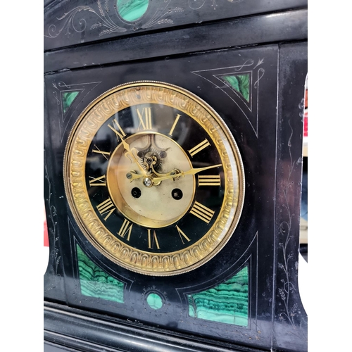 165 - Very large Victorian slate mantel clock with green malachite inlay and a visible escapement to the f... 