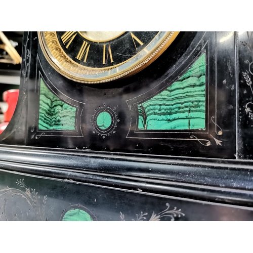 165 - Very large Victorian slate mantel clock with green malachite inlay and a visible escapement to the f... 