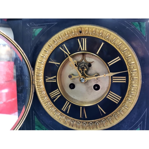 165 - Very large Victorian slate mantel clock with green malachite inlay and a visible escapement to the f... 