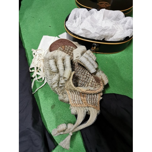191 - Good vintage set of Barristers robes and wig in its original tin by Ravencroft all complete