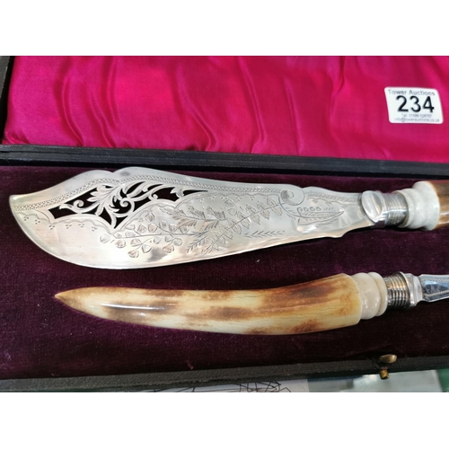 234 - Nice quality serving set with horn handles and hallmarked silver collars in a fitted plush case