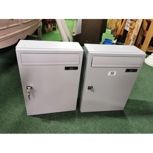 30 - Two as new metal letter boxes with keys