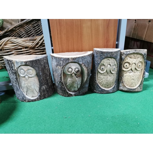 37 - Four carved owl logs a rustic carved stool and a bird drinking station