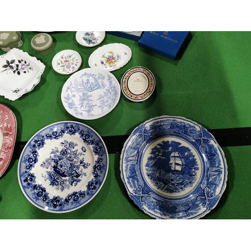 41 - Box full of collectable china inc Masons plates, Chinese moon teapot, Adams plate, Carlton ware sauc... 