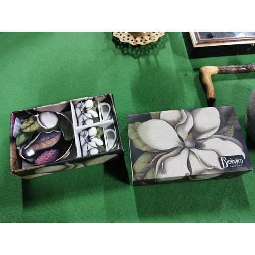 43 - Box of odds inc diorama a cup and saucer set, metal items etc