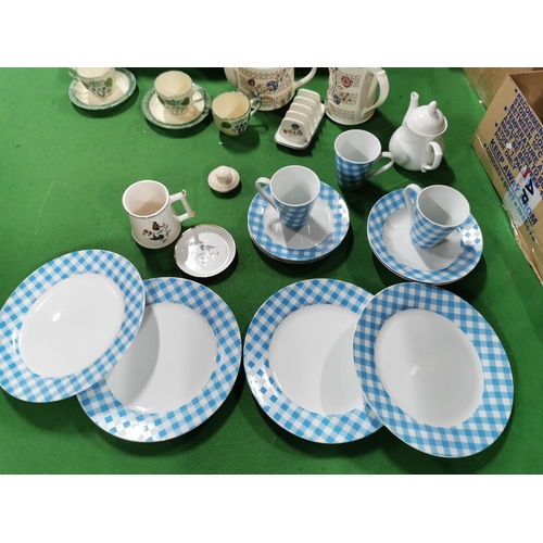 48 - Three boxes full of modern china inc Price Kensington gingham dinner set, Portland rose pottery teas... 