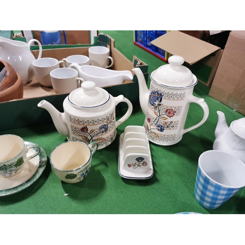 48 - Three boxes full of modern china inc Price Kensington gingham dinner set, Portland rose pottery teas... 