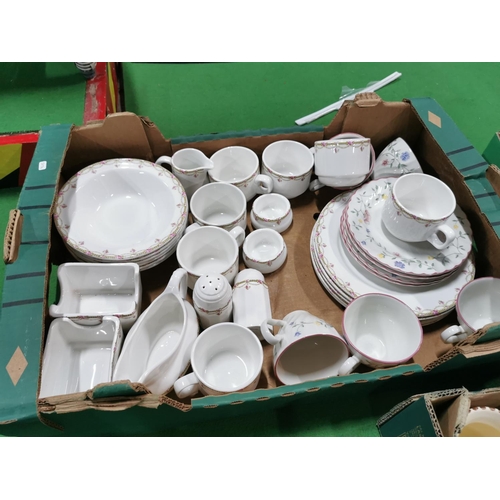 48 - Three boxes full of modern china inc Price Kensington gingham dinner set, Portland rose pottery teas... 