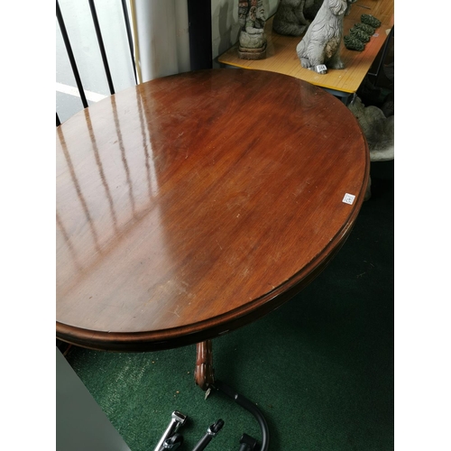 541 - Solid mahogany oval tilt top table on pedestal legs with porcelain castors, tilt top bolts need atte... 