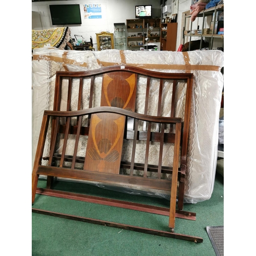 542 - Antique mahogany double inlaid bed frame complete with a double mattress