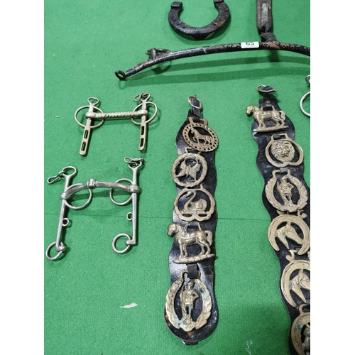 65 - Quantity of horse items inc four horse bits, two horse brasses horse shoe etc