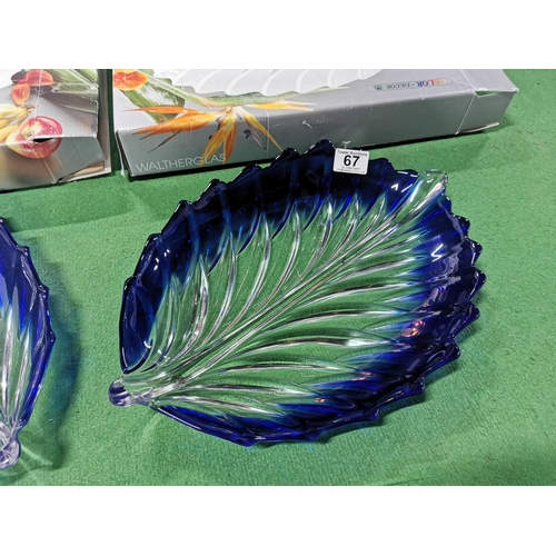 67 - Pair of Walther Glas boxed blue and clear glass crystal leaf formed serving platter, 41cm long