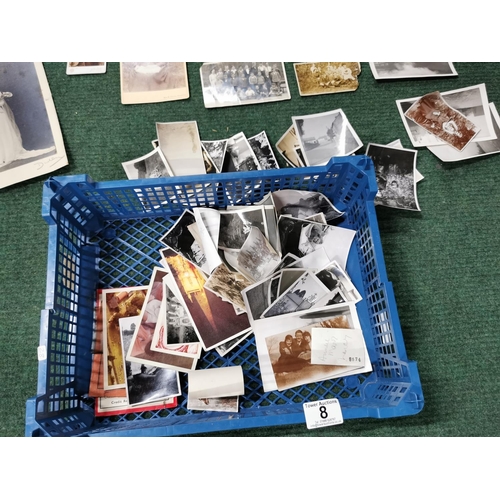 8 - Blue crate full of various vintage photographs and greetings cards inc early postcards of Llanfair C... 