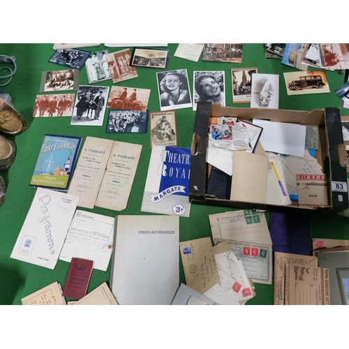 83 - Box full of various ephemera inc stamped envelopes photographs programmes etc