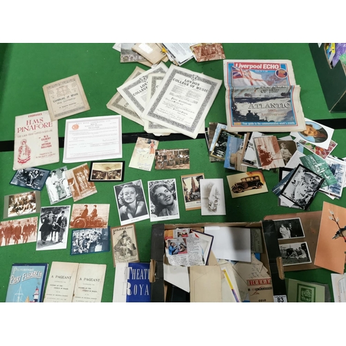 83 - Box full of various ephemera inc stamped envelopes photographs programmes etc