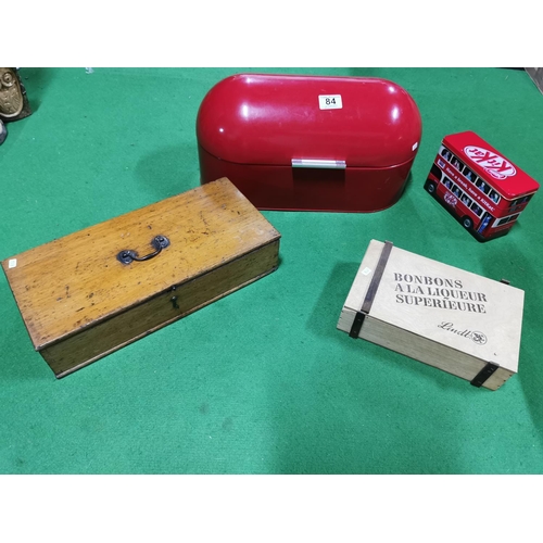 84 - Red bread bin, vintage oak box etc