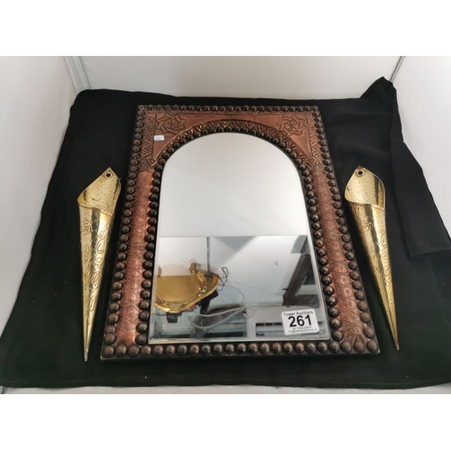 100 - Good hammered copper Arts and Crafts bevel edged mirror along with two brass wall vases, height of m... 