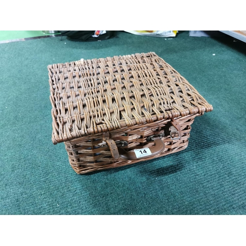 14 - Wicker picnic basket containing  Sirram picnic set inc two thermos flasks cups saucers cutlery etc