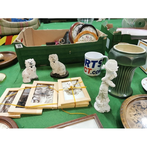 39 - Two large boxes of odds inc a  large boxed decanter set, clocks, figures etc.