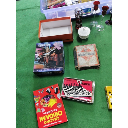 42 - Large box of odds inc quantity of coloured glassware and various board games inc an early 1940's Mon... 