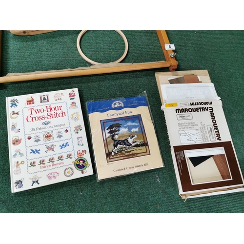 6 - Tapestry frame, a loom shuttle plus cross stich kits, marquetry kits etc